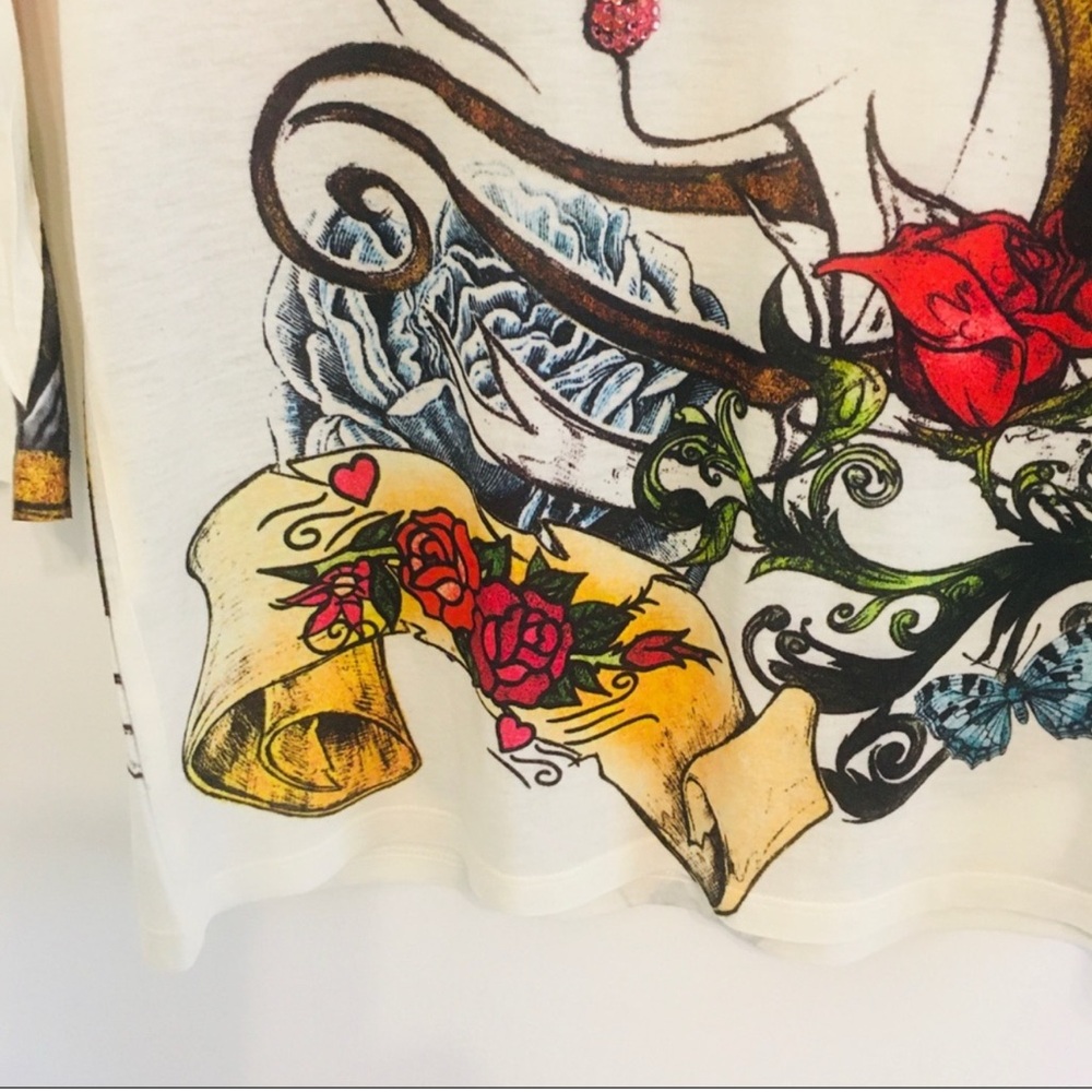 Cache Vintage Y2K Butterfly Rose Woman Graphic Burnout Tattoo V-neck Top Shirt - Picture 4 of 12
